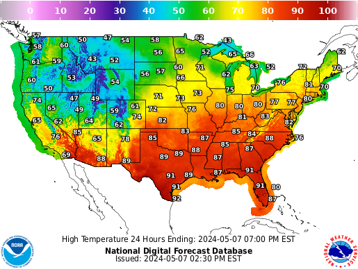 Selection Map of Temperatures Across the US from the National Digital Forecast Database