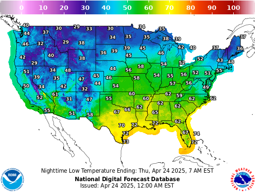 Graphic Forecast of Temperatures Across the US from the National Digital Forecast Database