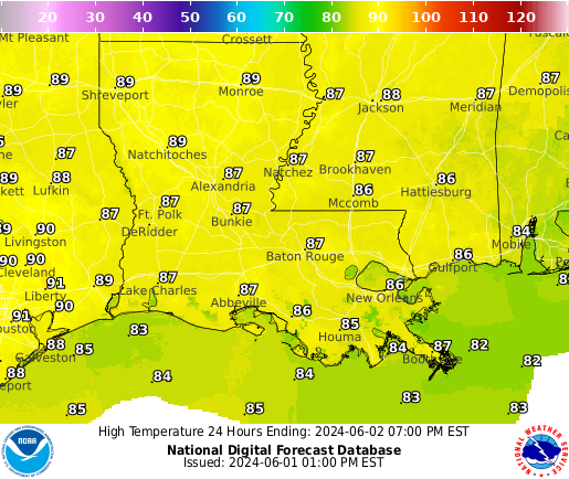 Louisiana Surface Temperature on Thursday 30 Nov at 12pm CST