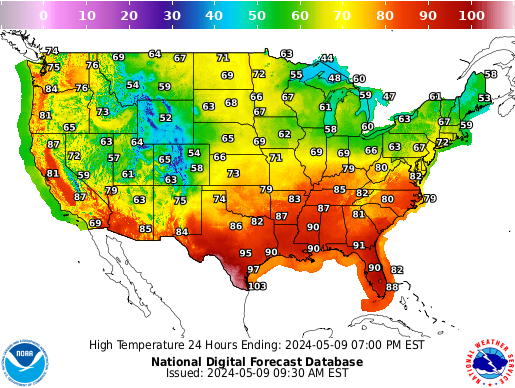 Selection Map of Temperatures Across the US from the National Digital Forecast Database
