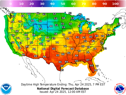 Graphic Forecast of Temperatures Across the US from the National Digital Forecast Database