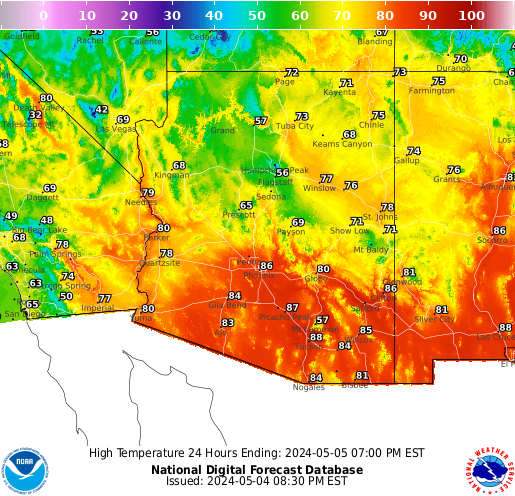 Forecast high temperature map for Arizona