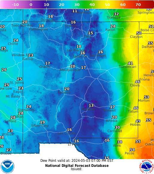 New Mexico United States Current Dew Point Map from weatherforyou