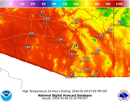 Forecast high temperature map for SE Arizona