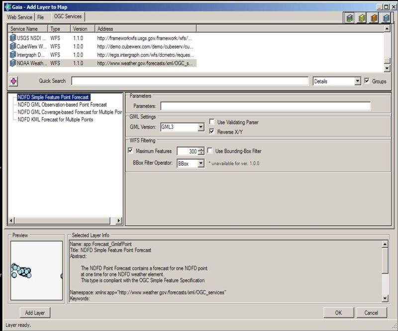 Gaia Add OGC Service window