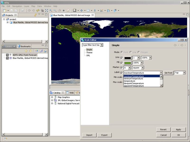 uDig Style Editor with element pulldown menu